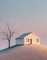 Serene House on Hill with Bare Tree and Soft Pastel Background photo