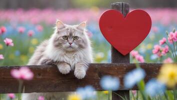 Fluffy Cat Posing on Fence with Heart Sign in Vibrant Spring Flower Field photo