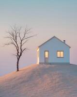 Serene House on Hill with Bare Tree and Soft Pastel BackgroundSerene House on Hill with Bare Tree and Soft Pastel Background. photo