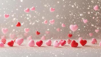 Whimsical Valentine's Day Background with Falling Pink and Red Candy Hearts and Glitter photo