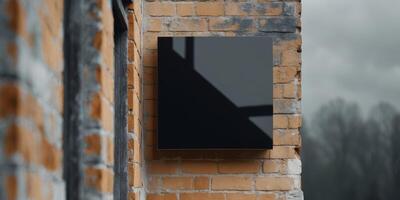 Blank Black Square Sign Mockup on Brick Building photo
