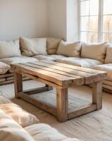 Rustic Wooden Coffee Table Surrounded by Cushioned SeatingRustic Wooden Coffee Table Surrounded by Cushioned Seating. photo