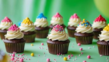 Festive Chocolate Cupcakes with Colorful Toppers and Green Background photo