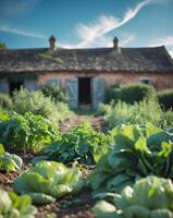 Vegetable garden growing in front of a farmhouse in the countryside photo