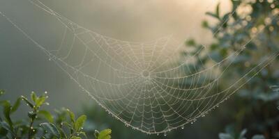 Delicate Spider Web Glimmering with Dew Drops in Soft Morning Light Over Nature Background photo