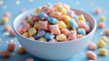 Colorful sweet puffed rice snack with vibrant sprinkles in a bowl on a blue surface creating a delightful and playful atmosphere photo