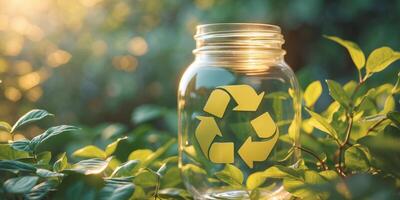 un claro vaso tarro con un reciclaje símbolo y rodeado por verdor y bañado en calentar luz de sol foto