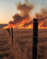 Wildfire burning in field at dusk behind wire fenceWildfire burning in field at dusk behind wire fence. photo