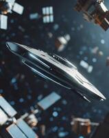 A stunning spacecraft orbiting amidst abandoned satellites and electronic waste in outer spaceA stunning spacecraft orbiting amidst abandoned satellites and electronic waste in outer space. photo