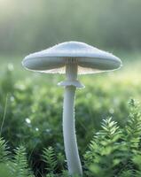 A white mushroom in the middle of a field of green plantsA white mushroom in the middle of a field of green plants. photo