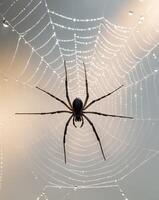 A spider sits in the center of a spider web covered in water droplets photo