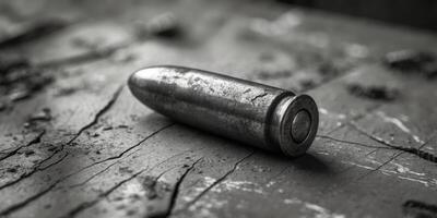 A Single Bullet Resting On A Weathered Wooden Surface photo