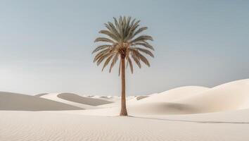 solitary palm tree stands in vast desert landscape with dunes photo