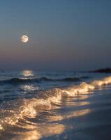 Glowing waves illuminate the shore under a crescent moon at twilightGlowing waves illuminate the shore under a crescent moon at twilight. photo
