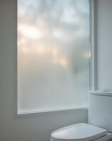 a toilet with a cloudy frosted window that allows natural light photo