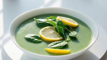 Spinach soup with spinach leaves and lemon slices in a white bowl on a white table photo