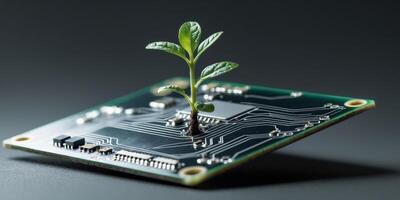 Digital Transformation and Technological Growth Represented by a Seedling Sprouting from a Circuit Board photo