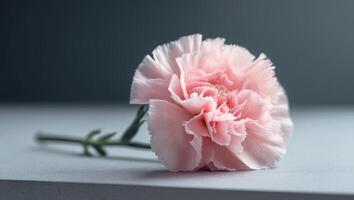 Delicate Pink Carnation Flower on a Gray Surface with Dark Background photo