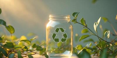 un claro vaso tarro con un reciclaje símbolo y rodeado por verdor y bañado en calentar luz del sol claro vaso tarro con un reciclaje símbolo y rodeado por verdor y bañado en calentar luz de sol. foto
