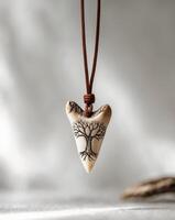 Bear tooth pendant with etched tree design hanging on a brown cordBear tooth pendant with etched tree design hanging on a brown cord. photo