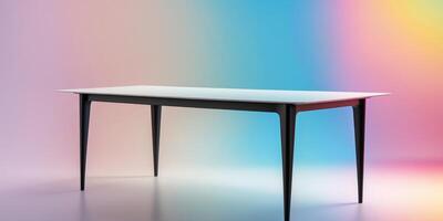 A white table with black legs sits on a colorful backgroundA white table with black legs sits on a colorful background. photo