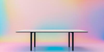 A white table with black legs sits on a colorful background photo