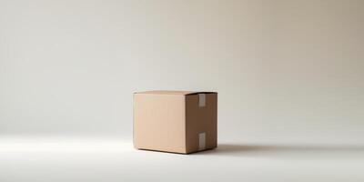 Closed brown cardboard box on a light background with copy space for branding or textClosed brown cardboard box on a light background with copy space for branding or text. photo