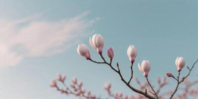 Pink Magnolia Blossoms Branch Soft Pastel Sky Background photo