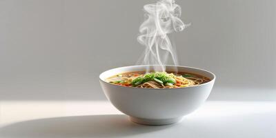 Side view of a steaming bowl of noodle soup with blank space for text on one sideSide view of a steaming bowl of noodle soup with blank space for text on one side. photo