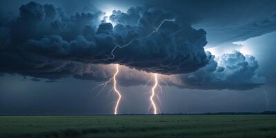 Dramatic Thunderstorm Over Open Field with Striking Bolts of Lightning and Heavy Clouds in a Moody Sky Atmosphere photo