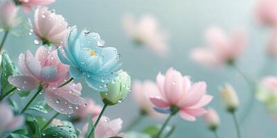 vibrante floreciente flores con agua gotas en suave pastel colores creando un sereno y refrescante naturaleza antecedentes para floral y primavera temas foto