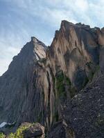 Huge sharp rocks. Pointed cliff. Vertical view. photo