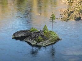 Frozen lake ice mirror image of a stone island with fir tree. photo