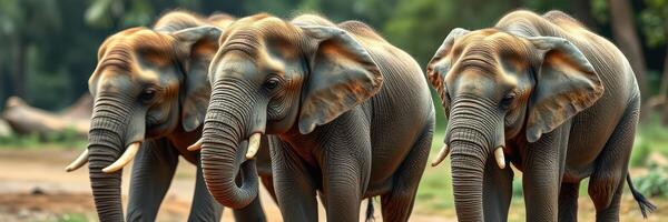 Three elephants walking together in a forested area during daylight hours in a serene environment photo