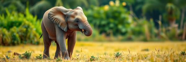 Young elephant explores a vibrant landscape in the wild during a sunny day photo