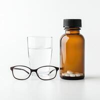 Glass of water, bottle of pills, and reading glasses on a simple background showcase daily medication routine photo