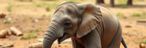 Young elephant joyfully explores its natural habitat in a serene landscape during daylight hours photo