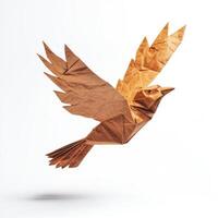 Origami bird soaring gracefully in mid-air showcasing intricate paper folding craftsmanship photo
