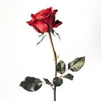 Red rose stands elegantly against a plain background, showcasing its vibrant petals and stem in a simple yet striking composition photo