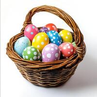 Colorful Easter eggs displayed in a woven basket for spring festivities and celebrations photo