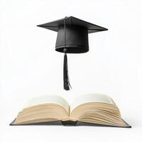 Graduation cap hovering above an open book symbolizes academic achievement and knowledge acquisition photo