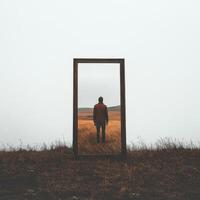 Reflection of a person standing in a field through an ornate mirror on a foggy day in a rural setting photo