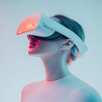 Exploring virtual reality with advanced headset technology in a modern setting photo