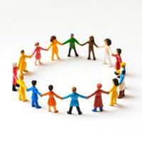Colorful figurines form a circle holding hands, symbolizing unity and diversity at a community gathering in a bright setting photo