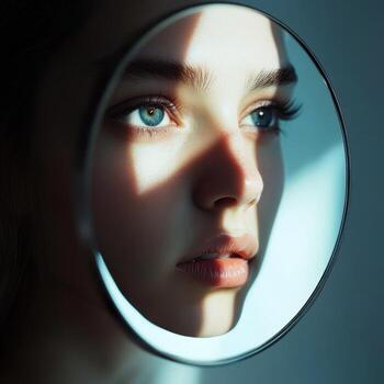 Close-up of a young womans face reflected in a circular mirror with soft light illuminating her features photo