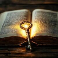 Key resting on an open book with illuminated text creating a mystical atmosphere in a dimly lit setting photo