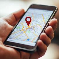 Map app shows location with pin drop on smartphone in urban setting during daylight photo