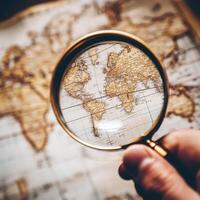 Explore the world through a magnifying glass over a vintage map revealing geographical details and textures photo
