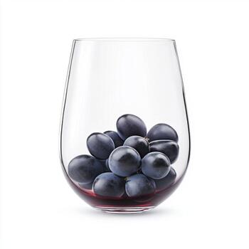 Fresh black grapes in a clear glass cup with red juice at a modern kitchen table during afternoon light photo