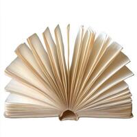 Open book displaying multiple pages in a fan arrangement with a light background photo